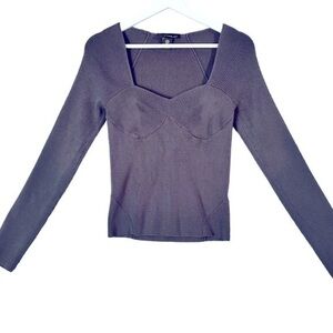 House of Harlow 1960 Dark Gray Sweetheart Ribbed Knit Long Sleeve Top – M